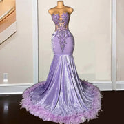 Lavender Feathered Sheer Neck Velvet Mermaid Prom Dress