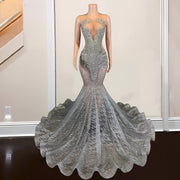 Luxury Silver See Through Rhinestone Prom Dress