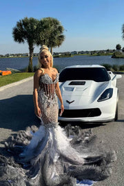 Luxury Silver White Gray Feather Gown with Diamond Embellishments