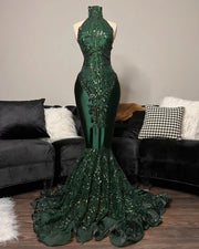 Green Emerald Sequined High Neck Glitter Prom Dress