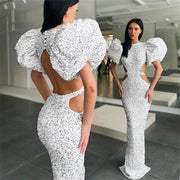Silver Puff Short Sleeves Sexy Side Cut Evening Dresses