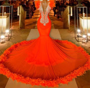 Crystal Orange Feathers Mermaid Prom Dress