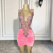 Pink Velvet Cute Halter Sleeveless Sparkly Embroidery Birthday Dress