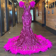 Fuchsia Feathers Mermaid Prom Dresses With Sheer Neck Sequined Lace