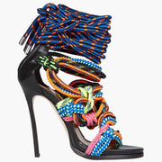 Sexy Luxury women lace up multi color rope gladiator sandals