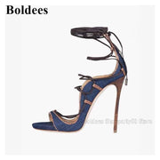 Designer Blue Denim Jeans High Heel Sandals Woman Shallow Mouth Narrow Band Lace Up Cut-out Summer European Party Dress Shoe