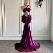 One Shoulder Purple Velvet Gown with Sparkly Crystals and Pleats