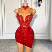 Beaded High Neck Red Velvet Birthday Dress