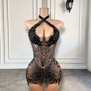 Luxury Diamond Black Sexy See Through Birthday Dress