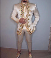 Men's Two-Piece Italian Stand Collar Slim Fit Suit with Embroidery