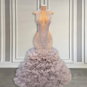 Silver Crystal Ruffled Mermaid Prom Glam