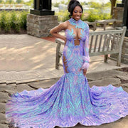 Purple Lace One Shoulder Long Sleeves Prom Dress