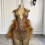 Gold Sparkly Diamond Birthday Dress with Feathers