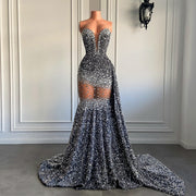 Silver Sparkly Sequin Diamond Mermaid Prom Dress
