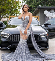 Silver Sparkly Sequin Diamond Mermaid Prom Dress