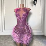 Mannequin Wearing a Luxury Crystal Halter Mini Dress with Feather Trim, Designed for Glamorous Birthday Celebrations