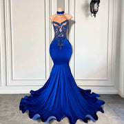 Elegant Royal Blue High Neck Luxury Beaded Embroidery Prom Dress