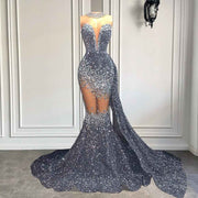Silver Sequin Mermaid Prom Dress with Sparkly Sequin Diamonds