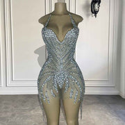 See Through Beaded Crystals Silver Birthday Dress