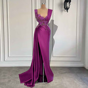 Long Evening Dresses Purple Satin Evening Dress Sexy High Slit Luxury Beaded Dubai Women Formal Party Gowns