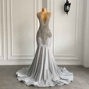 Exquisite Silver Luxury Mermaid Prom Dress with Diamond Accents