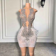 Silver Crystal White Feather Elegant Rhinestone Birthday Dress