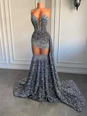 Silver Sparkly Sequin Diamond Mermaid Prom Dress