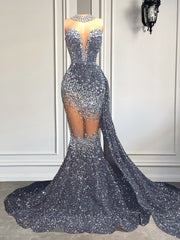 Silver Sparkly Sequin Diamond Mermaid Prom Dress