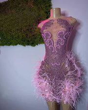 Mannequin Wearing a Luxury Crystal Halter Mini Dress with Feather Trim, Designed for Glamorous Birthday Celebrations