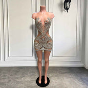 Luxury Sheer Silver Crystal Beaded Mini Birthday Dress