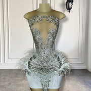 Sexy Sheer O-neck Luxury Silver Diamond Beaded Birthday Dress
