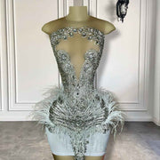 Sexy Sheer O-neck Luxury Silver Diamond Beaded Birthday Dress