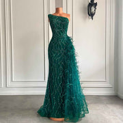 One Shoulder Mermaid Sexy High Slit Green Tulle Beaded Party Prom Gown