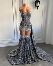 Silver Sparkly Sequin Diamond Mermaid Prom Dress