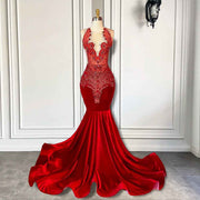 Red Velvet Beaded Mermaid Prom Dress