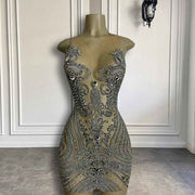 Sparkly Heavy Beads Silver Crystals Birthday Dress