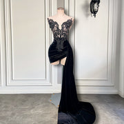 Beaded Embroidery Black Velvet Dress With Side Train
