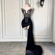 Beaded Embroidery Black Velvet Dress With Side Train