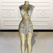 Sexy See Through Silver Beaded Crystals Birthday Dress