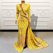 Long Sparkly Sequin Gold High Neck Full Sleeves Prom Dress