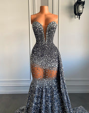Silver Sparkly Sequin Diamond Mermaid Prom Dress