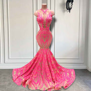 Hot Pink Sequin Prom Dress - Sexy Sheer O-neck Sleeveless Sparkly Design