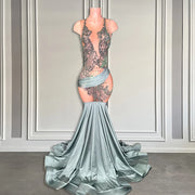 Silver Rhinestone Mesh Prom Dress