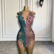 Sexy See Through Blue and Pink Luxury Diamond Birthday Dress