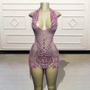 Pink V-neck Sparkly Beaded Crystals Birthday Dress