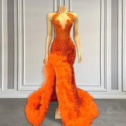 Sparkly Sequin Orange Feathered Prom Dress