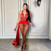Stunning Red Diamond Sexy See Through Halter Birthday Dress with Train
