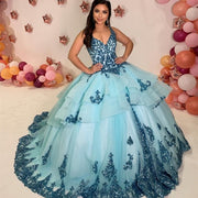 V-Neck Quinceanera Dresses Tiered Ruffles Appliques Sequined Beading Princess Party Prom Sweet 15 Pageant Ball Gown Sleeveless - Envious Designs