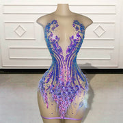 Sparkly Sequin Feathers Sheer Short Birthday Dress