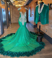 Feathered Mermaid Long Luxury O Neck Beaded Prom Gown